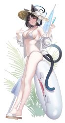  1girl absurdres animal_ear_fluff animal_ears bikini black_eyes black_hair blue_archive bow breasts cat_ears cat_girl cat_tail food full_body halo hands_up hat hat_bow highres holding holding_food holding_popsicle innertube kikyou_(blue_archive) large_breasts looking_at_viewer navel popsicle raki_kr sandals short_hair sitting solo stomach straw_hat swim_ring swimsuit tail tongue tongue_out white_bikini 