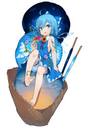  1girl ahoge bare_arms bare_legs barefoot bloomers blue_bow blue_dress blue_eyes blue_hair bow cirno cloud dress feet flower food full_body hair_between_eyes hair_bow hand_up highres holding ice ice_cream ice_cream_cone ice_wings knee_up looking_at_viewer morning_glory open_mouth popsicle red_ribbon ribbon sankyaku_tako short_hair simple_background sitting sky sleeveless sleeveless_dress solo star_(sky) starry_sky sunflower toenails touhou transparent_wings triple_scoop underwear watermelon_bar white_background wings  rating:Sensitive score:17 user:danbooru