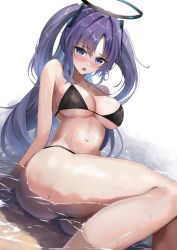  1girl :o absurdres bikini black_bikini blue_archive blush breasts cleavage collarbone commentary_request eitei_(20041204) feet_out_of_frame halo highres long_hair looking_at_viewer mechanical_halo medium_breasts navel open_mouth parted_bangs purple_hair sidelocks solo swimsuit teeth thick_thighs thighs two_side_up underboob upper_teeth_only wet yuuka_(blue_archive)  rating:Sensitive score:10 user:danbooru