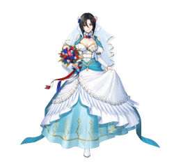  1girl absurdres black_hair blue_dress bouquet breasts bridal_veil bride cleavage dress fire_emblem fire_emblem_engage fire_emblem_heroes flower freestyle18 full_body hair_between_eyes hair_ornament highres jewelry long_sleeves looking_at_viewer nel_(fire_emblem) nel_(stoic_bride)_(fire_emblem) nintendo official_alternate_costume red_eyes short_hair strapless strapless_dress two-tone_dress veil wedding_dress white_dress 