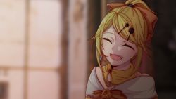 1girl ^_^ aku_no_musume_(vocaloid) blonde_hair blurry blurry_background bow chinese_text choker closed_eyes depth_of_field earrings evillious_nendaiki closed_eyes flower hair_flower hair_ornament hair_ribbon hairclip happy highres jewelry kagamine_rin open_mouth orange_bow pov ribbon riliane_lucifen_d&#039;autriche rose short_hair smile updo vocaloid window yellow_flower yellow_rose rating:Sensitive score:2 user:danbooru