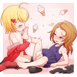 2girls ^^^ ahoge ankle_grab bare_legs bare_shoulders barefoot barime_(the_candy_universe) black_thighhighs blonde_hair blush boots brown_hair cleft_of_venus closed_eyes collarbone cross-laced_footwear crystal dress feet female_focus female_masturbation fingering flat_chest foot_worship freckles from_side full_body groin hair_ornament half-closed_eyes heart heart_hair_ornament highres ice_cream_cone jewelry lace-up_boots leg_up licking_foot loli masturbation medium_hair monchichiwa motion_blur motion_lines multiple_girls navel necklace no_bra no_panties off_shoulder open_clothes open_mouth original purple_dress purple_eyes pussy saliva shoes short_hair sitting sleeveless soles sparkle susan_(the_candy_universe) sweat tearing_up thighhighs toes tongue tongue_out trembling uncensored unworn_shoes unworn_socks wariza yuri rating:Explicit score:417 user:MonsieurCinq
