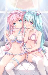  &gt;_&lt; 2girls :d :o amanagi_seiji blue_eyes blue_hair blush bottomless choker artistic_error feet_out_of_frame frills garter_belt groin hair_ornament hair_ribbon hand_on_another&#039;s_face hand_on_another&#039;s_hand heart heart_choker highres lingerie long_hair looking_at_viewer matching_outfits multiple_girls navel o-ring o-ring_top open_mouth original parted_lips pink_eyes pink_hair rabbit_hair_ornament ribbon single_thighhigh sitting smile thigh_strap thighhighs two_side_up underwear undressing_another very_long_hair white_thighhighs window yuri 