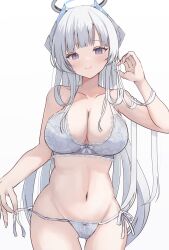 1girl absurdres blue_archive blush bra breasts cleavage closed_mouth cowboy_shot grey_bra grey_hair grey_panties grin halo highres kirin_(kirin1023) large_breasts long_hair looking_at_viewer mechanical_halo navel noa_(blue_archive) panties purple_eyes simple_background smile solo underwear white_background 