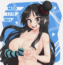 1girl absurdres akiyama_mio alternate_breast_size black_eyes black_gloves black_hair black_nails blue_gloves blush breasts cleavage collarbone dated elbow_gloves fingerless_gloves gloves happy_birthday heart heart_hands highres k-on! large_breasts long_hair looking_at_viewer multicolored_clothes multicolored_gloves nail_polish nipples open_mouth single_glove smile solo striped_clothes striped_gloves tongue young_savage rating:Questionable score:135 user:danbooru