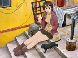  1girl afternoon_(magazine) azuma_kiyohiko bag brown_hair cat cup eating food lowres miniskirt short_hair sitting sitting_on_stairs skirt solo stairs 