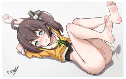 1girl ass barefoot blue_eyes blush bottomless brown_hair cleft_of_venus feet highres hololive licking_lips long_hair looking_at_viewer lying natsuiro_matsuri natsuiro_matsuri_(1st_costume) no_panties on_back pee peeing pussy side_ponytail smile soles toes tongue tongue_out uncensored virtual_youtuber rating:Explicit score:89 user:ssfl