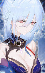  1girl absurdres armpit_crease bare_shoulders blue_bow blue_collar blue_dress blue_hair blue_sleeves bow breasts cleavage closed_mouth collar commentary crying crying_with_eyes_open detached_sleeves dress earrings exdust hair_between_eyes hair_bow half_updo highres honkai:_star_rail honkai_(series) jewelry jingliu_(honkai:_star_rail) large_breasts long_hair looking_at_viewer portrait red_eyes sidelocks solo tears 