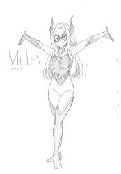 &gt;:) 10s 1girl arms_up bodysuit boku_no_hero_academia breasts character_name closed_mouth domino_mask facing_viewer full_body gloves graphite_(medium) greyscale happy highres horikoshi_kouhei horns long_hair looking_at_viewer mask monochrome mount_lady outstretched_arms simple_background sketch skin_tight smile solo standing superhero_costume traditional_media v-shaped_eyebrows white_background rating:Sensitive score:15 user:danbooru