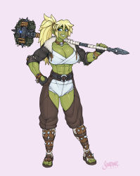  1girl 2020 abs blonde_hair blue_eyes breasts choker cleavage colored_skin commentary commission dated dungeons_&amp;_dragons english_commentary female_orc fingerless_gloves full_body gloves green_skin grey_background hair_between_eyes hammer highres holding holding_hammer large_breasts long_hair looking_at_viewer midriff muscular muscular_female orc pointy_ears ponytail shardanic simple_background skull_choker solo spikes standing tusks war_hammer weapon  rating:Sensitive score:84 user:danbooru