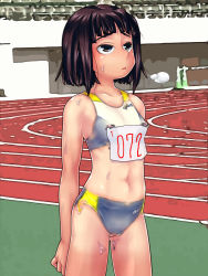 1girl blush bodypaint brown_eyes brown_hair buruma exhibitionism false_clothes flat_chest full-face_blush navel nipple_piercing nipples nude original painted_clothes piercing public_indecency purple_hair pussy raplus ra（izow）+ running_track safety_pin short_hair solo sports_bra sweat rating:Explicit score:146 user:danbooru