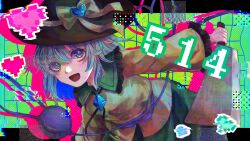  1girl :d black_hat bow commentary_request glitch green_eyes green_hair green_skirt hat hat_bow heart heart_of_string highres koishi_day koishi_kawaiine komeiji_koishi long_sleeves looking_at_viewer nata_(tool) open_mouth shirt short_hair skirt smile solo third_eye touhou yellow_bow yellow_shirt 