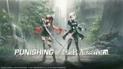 2b_(nier:automata) 2girls bare_shoulders black_dress black_hair blindfold boots car copyright_name crossover day dress full_body hair_ornament hairband high_heels highres holding holding_sword holding_weapon ishikawa_yui katana logo long_hair looking_at_viewer lucia:_dawn_(punishing:_gray_raven) lucia_(punishing:_gray_raven) motor_vehicle multicolored_hair multiple_girls nier:automata nier_(series) official_art outdoors punishing:_gray_raven red_eyes red_hair ruins sawamaharu second-party_source short_hair sword thighhighs torn_clothes twintails two-sided_dress two-sided_fabric two-tone_hair voice_actor_connection weapon weibo_logo weibo_watermark white_hair