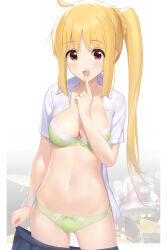  1girl :d ai-assisted blonde_hair blue_skirt bocchi_the_rock! bra breasts clothes_pull commentary_request finger_to_mouth green_bra green_panties highres ijichi_nijika long_hair looking_at_viewer medium_breasts mocchisake navel open_clothes open_mouth open_shirt panties red_eyes shirt short_sleeves side_ponytail skirt skirt_pull smile solo stomach thighs underwear white_shirt  rating:Sensitive score:61 user:danbooru
