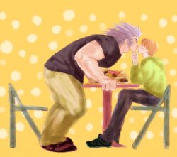  2boys arm_hair bara black_pants black_shirt blonde_hair blush bread chair couple eye_contact food from_side full_body green_eyes green_hoodie hanba_guyokota hand_hair heart hood hoodie hunter_x_hunter indirect_kiss knuckle_hair leaning_forward looking_at_another male_focus medium_hair multiple_boys muscular muscular_male mutton_chops pants pastry profile shalnark shirt shoes short_hair simple_background sitting size_difference skinny sneakers spiked_hair sweatdrop table uvogin yaoi yellow_background 