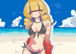  1girl arrow_(symbol) beach bikini black_bikini blonde_hair blunt_bangs blush breasts chaperomon cloud commentary daniel_uribe digimon digimon_(creature) doll doll_joints drill_hair english_commentary hair_over_eyes highres jacket joints medium_hair navel ocean off_shoulder red_jacket side-tie_bikini_bottom small_breasts smile solo stitched_face stitches swimsuit translation_request twin_drills 