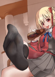  1girl black_socks blonde_hair blush feet highres loafers looking_at_viewer lycoris_recoil medium_hair nishikigi_chisato open_mouth red_eyes shoes single_shoe socks soles steam tongue tongue_out towamin unworn_shoes 