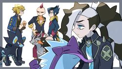 4boys belt black_hair black_jacket blonde_hair blue_eyes blue_shirt border creatures_(company) eyeshadow game_freak gen_2_pokemon gen_3_pokemon gen_4_pokemon gen_8_pokemon grey_border grimsley_(pokemon) hand_on_own_hip highres horns houndoom jacket looking_at_another luxray makeup male_focus mightyena multicolored_hair multiple_boys nintendo official_alternate_costume outside_border pendant_choker piers_(pokemon) piers_(sygna_suit)_(pokemon) pokemon pokemon_bw pokemon_dppt pokemon_masters_ex pokemon_oras red_hair scarf shirt sidney_(pokemon) tongue tongue_out toxtricity toxtricity_(low_key) volkner_(pokemon) yellow_scarf yunme