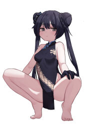 1girl bare_shoulders barefoot black_dress black_gloves black_hair blue_archive blush breasts butterfly_hair_ornament china_dress chinese_clothes closed_mouth collarbone commentary commentary_request covered_collarbone covered_navel double_bun dragon_print dress english_commentary female_focus full_body gloves grey_eyes hair_between_eyes hair_bun hair_ornament hand_on_own_knee highres impossible_clothes kisaki_(blue_archive) loli long_hair looking_at_viewer mandarin_collar miaoema mixed-language_commentary no_panties simple_background small_breasts solo spread_legs twintails white_background rating:Sensitive score:83 user:danbooru