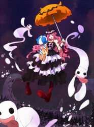  1girl arm_tattoo boots castle commentary_request dress drill_hair floating frilled_dress frills full_body ghost hat holding holding_stuffed_toy holding_umbrella kumacy kuta_(maka) long_dress looking_at_viewer one_piece orange_umbrella perona pink_hair sidelocks smile stuffed_toy tattoo top_hat umbrella 