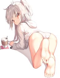  1girl all_fours barefoot blush cup drinking_straw feet foot_focus foreshortening from_behind full_body hair_ornament highres hood hood_down hoodie long_hair long_sleeves looking_at_viewer looking_back mannack no_pants one_side_up original panties rabbit-shaped_pupils rabbit_hair_ornament red_eyes simple_background soles solo symbol-shaped_pupils toes underwear white_background white_hair white_hoodie white_panties  rating:Sensitive score:87 user:danbooru