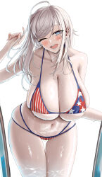  1girl :d ahoge american_flag_bikini anti_kumo bare_arms bikini blue_eyes blush breasts cleavage collarbone commentary_request fate/grand_order fate_(series) flag_print grey_hair highleg highleg_bikini highres large_breasts long_hair looking_at_viewer miyamoto_musashi_(fate) miyamoto_musashi_(fate/grand_order) miyamoto_musashi_(swimsuit_berserker)_(fate) navel official_alternate_costume one_eye_closed open_mouth pool_ladder red_bikini sidelocks simple_background skindentation smile solo standing swimsuit teeth wet white_background 