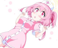 1girl alternate_costume blue_archive blush breasts dutch_angle geetsu halo hat looking_at_viewer medium_breasts medium_hair nurse nurse_cap open_mouth pink_eyes pink_hair serina_(blue_archive) serina_(nurse)_(blue_archive) simple_background solo sweat white_background
