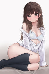 1girl akipeko ass bad_id bad_twitter_id bare_shoulders blush breasts brown_eyes brown_hair character_request collarbone copyright_request highres kneehighs leaning leaning_to_the_side looking_at_viewer medium_hair open_clothes open_shirt shirt small_breasts socks straight_hair thighs rating:Sensitive score:86 user:danbooru