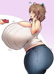  1girl blush breasts brown_hair chocolate closed_eyes female_focus flying_sweatdrops gigantic_breasts mai_futaoka mature_female midriff mole mole_under_eye motion_lines open_mouth original profile shiny_skin skindentation solo solo_focus standing sweater teruwo thick_thighs thighs valentine wide_hips 