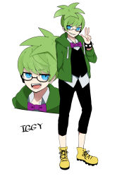  1boy :d arm_behind_back black_pants black_vest blue_eyes bow bowtie bracelet character_name full_body green_hair green_jacket grin hand_up iggy_koopa jacket jewelry looking_at_viewer lzesmelt male_focus mario_(series) multiple_views nintendo open_mouth pants personification purple_bow purple_bowtie simple_background smile solo spiked_bracelet spikes standing vest white_background yellow_footwear 