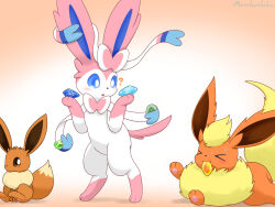 ? animal_focus blonde_hair blue_eyes blush bow closed_eyes creatures_(company) eevee evolutionary_stone fire_stone flareon game_freak gen_1_pokemon gen_6_pokemon highres ice_stone kenikenikeke leaf_stone mouth_hold nintendo no_humans open_mouth pokemon pokemon_(creature) ribbon simple_background sylveon thunder_stone water_stone white_background