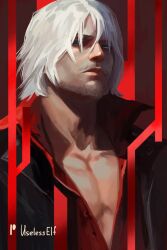  1boy bara beard blue_eyes coat dante_(devil_may_cry) devil_may_cry devil_may_cry_(series) devil_may_cry_4 devil_may_cry_5 facial_hair lips looking_at_viewer male_focus mature_male muscular muscular_male nose photorealistic realistic red_coat solo still_life useless_elf white_hair 