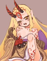  absurdres blonde_hair breasts fate/grand_order fate_(series) highres horns ibaraki_douji_(fate) nipples oni_horns small_breasts tatotate yellow_eyes  rating:Questionable score:18 user:rakuoni
