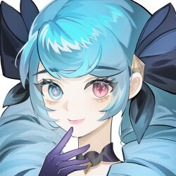 1girl black_bow black_gloves blue_eyes bow closed_mouth drill_hair gloves green_hair gwen_(league_of_legends) hair_bow hand_up heterochromia highres league_of_legends long_hair portrait red_eyes saikayo smile solo twin_drills twintails rating:General score:5 user:danbooru