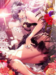 1girl ass bare_arms blue_eyes breasts chemise covered_erect_nipples dated dress flower furyou_michi_~gang_road~ headdress highres jewelry lingerie lips looking_at_viewer mole mole_under_eye original panties petals ring rose see-through short_hair sideboob solo thighs underwear white_hair xaxak rating:Questionable score:40 user:danbooru