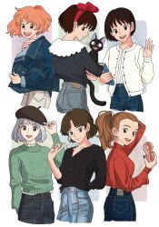  6+girls :d aged_up arm_behind_back arm_up arrietty black_nails blue_jacket blue_nails blue_pants blue_shirt bob_cut book breasts brown_eyes brown_hair brown_headwear cardigan casual character_request check_character check_copyright closed_mouth clothes_pin company_connection contemporary copyright_request cowboy_shot cropped_legs crossover denim denim_jacket earrings frilled_shirt_collar frills from_behind gake_no_ue_no_ponyo green_nails green_sweater grey_hair hair_pulled_back hand_on_headwear hand_up hat highres holding holding_book holding_hair hoop_earrings howl_no_ugoku_shiro index_finger_raised jacket jeans jewelry jiji_(majo_no_takkyuubin) karigurashi_no_arrietty kiki_(majo_no_takkyuubin) long_hair long_sleeves looking_at_viewer looking_back majo_no_takkyuubin medium_breasts mimi_wo_sumaseba mononoke_hime multiple_crossover multiple_girls nail_polish necklace open_mouth orange_hair pants partially_unbuttoned pendant pocket ponyo ponytail profile red_sweater rikaco1988 san_(mononoke_hime) shirt shirt_tucked_in short_hair sideways_glance simple_background sleeves_pushed_up small_breasts smile sophie_(howl_no_ugoku_shiro) striped_clothes striped_shirt studio_ghibli sweater tsukishima_shizuku turtleneck turtleneck_sweater unbuttoned undressing waving white_background white_nails white_pants white_shirt 