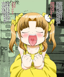 1girl blush brown_hair closed_eyes dress loli open_mouth oral_invitation satsuki_itsuka sexually_suggestive solo tongue translated twintails uvula rating:Questionable score:134 user:danbooru