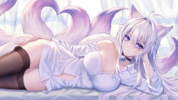 1girl absurdres animal_ears antenna_hair bell black_choker black_thighhighs breasts choker closed_eyes closed_mouth collarbone collared_shirt fox_ears fox_girl fox_tail head_rest heart highres jingle_bell kirby_d_a long_hair looking_at_viewer lying medium_breasts multiple_tails naked_shirt navel neck_bell off_shoulder on_side original photoshop_(medium) purple_eyes purple_hair revision shirt smile solo tail thighhighs white_shirt rating:Sensitive score:44 user:danbooru