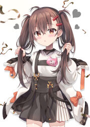  1girl ahoge black_skirt blush bow brown_eyes brown_hair commentary_request hair_between_eyes hair_ornament hairclip heart highres holding holding_hair jacket long_hair long_sleeves looking_at_viewer maruma_(maruma_gic) off_shoulder open_clothes open_jacket orange_bow original parted_lips pleated_skirt puffy_long_sleeves puffy_sleeves shirt simple_background skirt solo standing suspender_skirt suspenders translation_request twintails very_long_hair white_background white_jacket white_shirt 