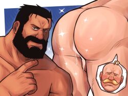  2boys after_anal aftersex ahoge alex_louis_armstrong ass bara baramantik beard black_hair blonde_hair blue_background blush closed_eyes cum cum_in_ass cum_on_body cum_string cumdrip facial_hair fullmetal_alchemist huge_ass looking_at_viewer male_focus manly mature_male multiple_boys muscular muscular_male mustache pointing pointing_at_another pointing_at_crotch short_hair sig_curtis simple_background smile sparkle sparkling_aura square thick_thighs thighs yaoi 