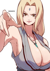  1girl aosora2823 armpits artist_name blonde_hair blush breasts brown_eyes cleavage collarbone facial_mark forehead forehead_mark foreshortening grey_kimono highres huge_breasts japanese_clothes jewelry kimono mature_female naruto naruto_(series) parted_lips pointing pointing_at_viewer red_lips simple_background sleeveless sleeveless_kimono smile solo tsunade_(naruto) upper_body white_background  rating:Sensitive score:67 user:danbooru