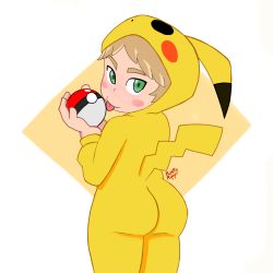  1boy ass brown_hair cosplay creatures_(company) game_freak gen_1_pokemon green_eyes highres looking_at_viewer looking_back male_focus nintendo onesie pikachu pikachu_(cosplay) poke_kid_(pokemon) pokemon pokemon_swsh rustyriff shota solo solo_focus tongue tongue_out  rating:Questionable score:118 user:SevenfoldMan