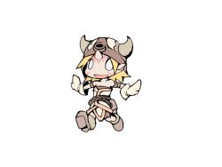  1girl :d bare_shoulders belt belt_pouch black_belt blank_eyes bmp-to-png_conversion brown_bag brown_footwear brown_headwear chibi facial_mark fake_horns frfr full_body game_cg gloves gob_(mon-musu_quest!) helmet horned_helmet horns mon-musu_quest! non-web_source open_mouth outstretched_arms pale_skin pointy_ears pouch running simple_background single_horn smile solo transparent_background white_gloves white_tunic 