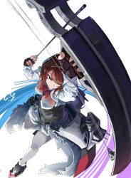  1girl absurdres ark_royal_(kancolle) armored_boots arrow_(projectile) blue_background blue_eyes blunt_bangs bob_cut boots bow_(weapon) breasts cleavage compound_bow corset fingerless_gloves flower from_above gegeron gloves hairband highres inverted_bob kantai_collection long_sleeves looking_up multicolored_background overskirt purple_background red_flower red_hair red_ribbon red_rose ribbon rigging rose short_hair solo tiara weapon white_background 