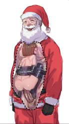 1boy 1girl :d age_difference arms_behind_back ass bdsm belly_riding black_gloves black_thighhighs bondage bound bound_together bow bow_(bhp) brown_hair christmas closed_eyes facial_hair facing_viewer fanny_packing gag gloves hair_bow hat hetero loli medium_hair nude open_mouth parody penis pink_bow santa_claus santa_costume santa_hat sex simple_background size_difference smile standing standing_sex stealth_sex thighhighs third-party_edit ugly_man white_background rating:Explicit score:281 user:ChangesBowie