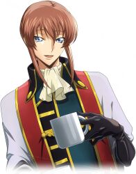 1boy artist_request ascot black_gloves blue_eyes brown_hair code_geass code_geass:_lost_stories cropped_torso cup drink dutch_angle game_cg gloves green_shirt half-closed_eyes happy high_collar holding holding_cup holding_drink jacket kanon_maldini looking_at_viewer male_focus medium_hair mug non-web_source official_art open_clothes open_jacket open_mouth shirt sidelocks simple_background smile solo standing transparent_background white_ascot white_jacket
