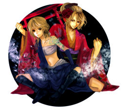  1boy 1girl blonde_hair boots brother_and_sister flower hair_flower hair_ornament highres japanese_clothes kagamine_len kagamine_rin kimono navel sarashi siblings sitting smile tattoo twins vocaloid yucco  rating:Sensitive score:9 user:danbooru
