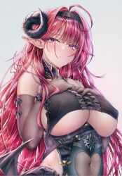  1girl azur_lane black_collar black_horns black_wings breasts center_frills closed_mouth collar commander_kei crop_top curled_horns detached_collar elbow_gloves eyelashes frills gloves hands_on_own_chest highres hindenburg_(azur_lane) horns long_hair low_wings mole mole_under_eye pink_eyes pointy_ears red_hair see-through solo sweat underboob wings 