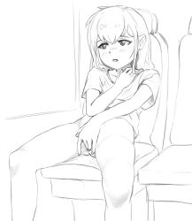  1girl blush female_masturbation fingering greyscale happy highres loli long_hair looking_to_the_side lower_body_naked masturbation monochrome naked_shirt open_mouth original partially_undressed pussy shirt sitting solo tabarchie train train_interior  rating:Explicit score:95 user:VHSephi