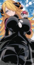  artist_name black_pants black_shirt blonde_hair blue_sky breasts closed_mouth creatures_(company) cynthia_(pokemon) from_below fur_collar game_freak grey_eyes hair_ornament hair_over_one_eye highres holding holding_poke_ball kinakomochi_(user_vedc2333) large_breasts light_blush long_hair looking_at_viewer looking_down nintendo outdoors pants poke_ball pokemon pokemon_dppt shirt sky wavy_hair 